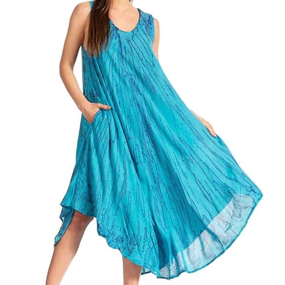 Advance Apparels Tank Dress w Pockets One Size Blue Marled Midi Hippie Tie Dye
